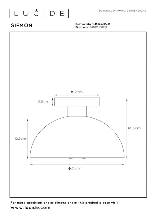 Lucide SIEMON - Deckenleuchte - Ø 25 cm - 1xE27 - Blau - technisch